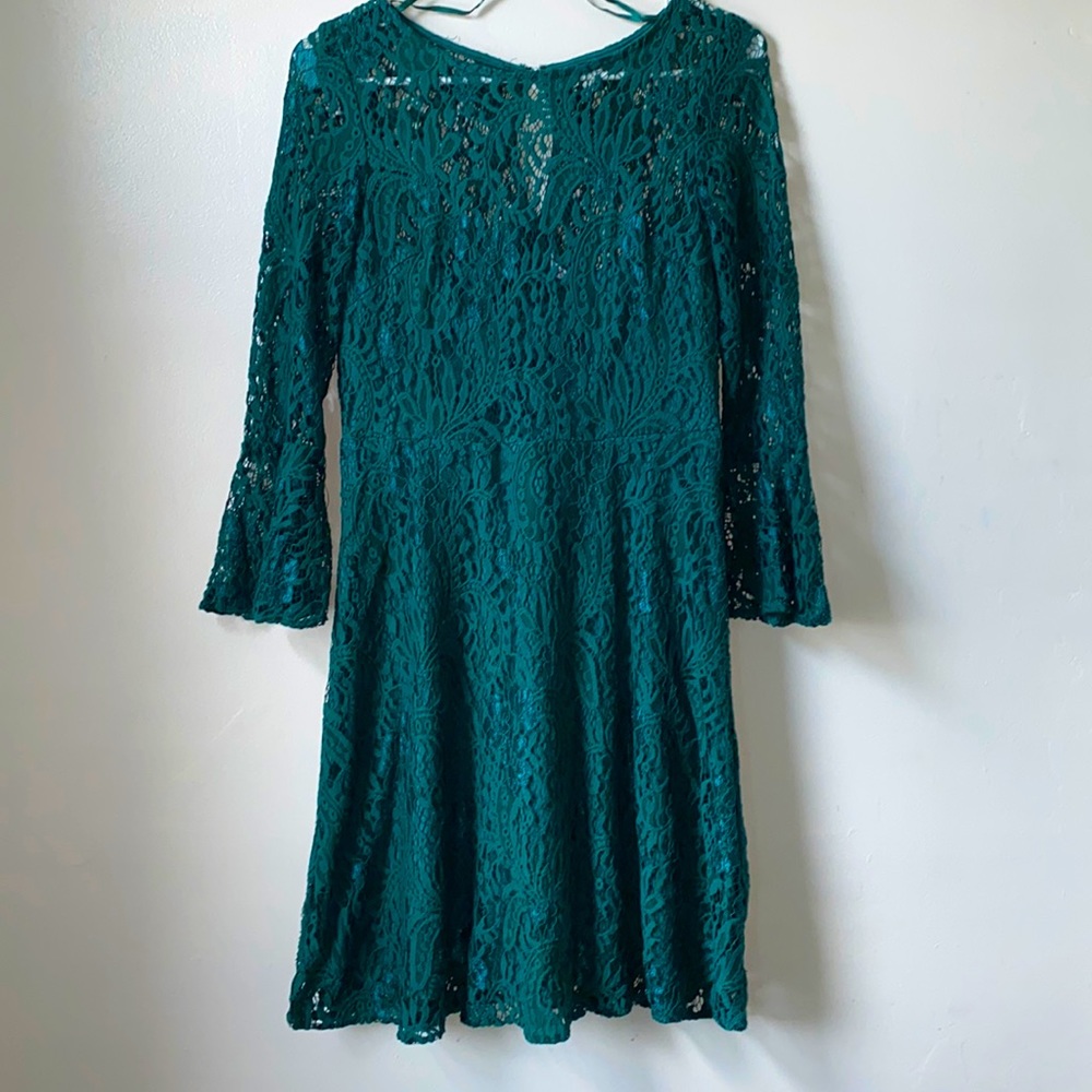 Studio One Emerald Green Lace Bell Sleeve Dress
